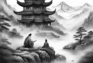 forearm sleeve traditional chinese art painting style autumn mountains mist fog water Chinese temple philosopher wearing robes seated meditating far away in the distance tattoo idea