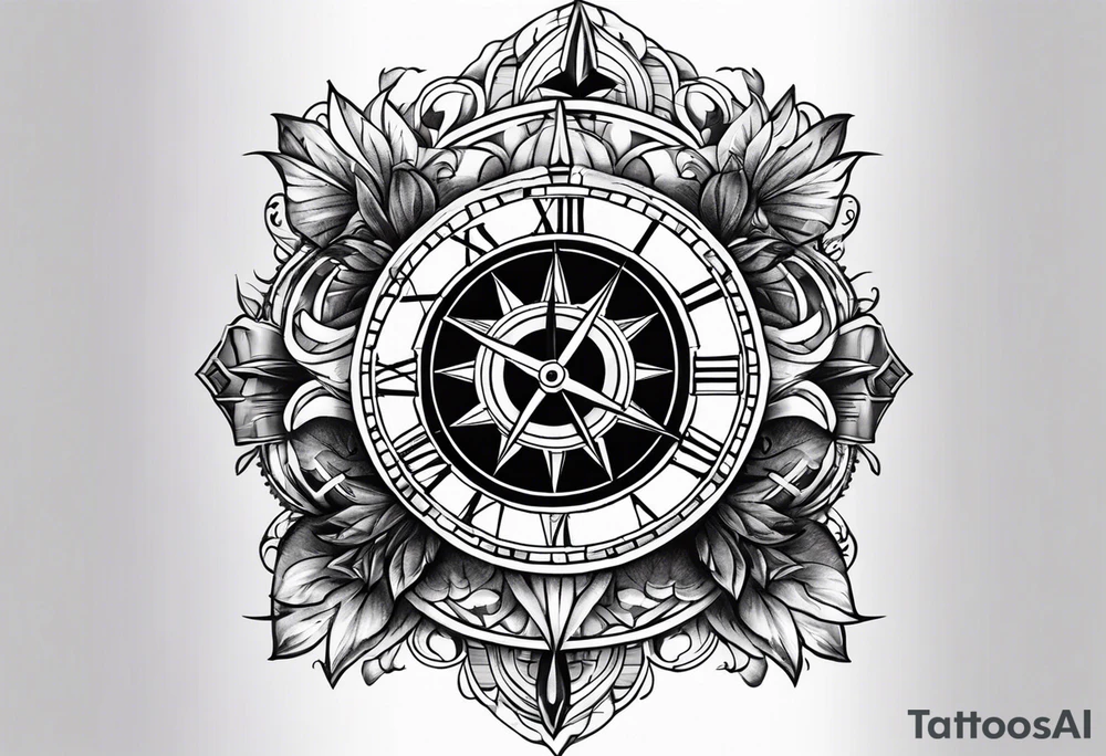 Cross with clock and compass tattoo idea