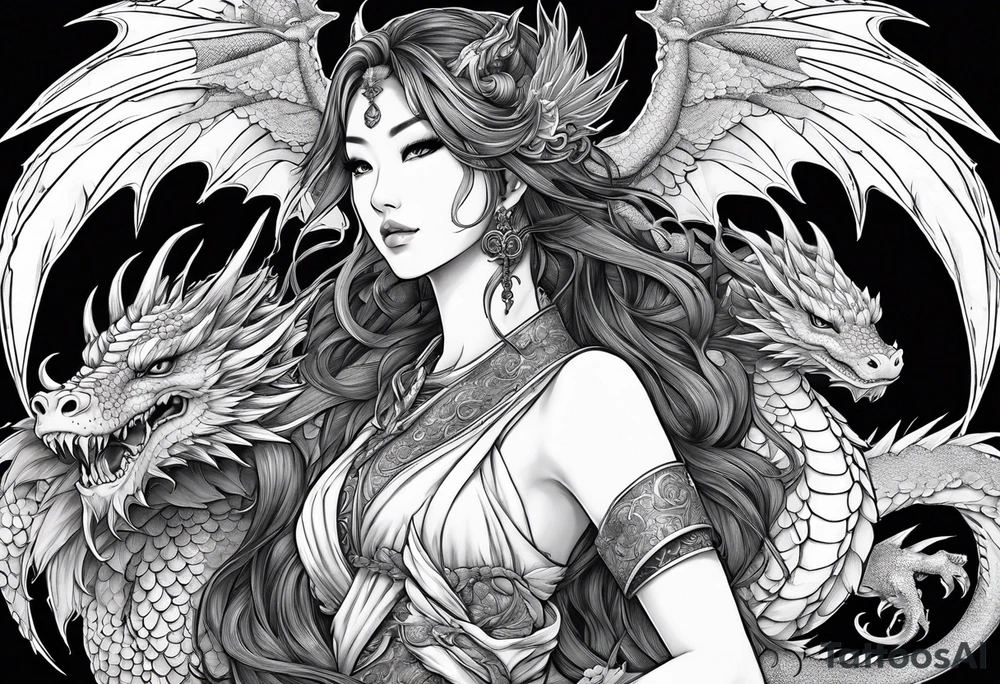 beautiful warrior nymph with dragon wings and a dragon friend tattoo idea