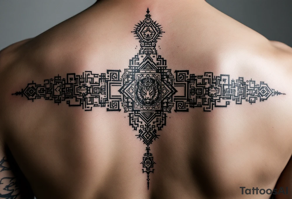 A Sak Yant tattoo is a sacred hand-poked design composed of precise geometric shapes, rows of ancient script, and symbolic imagery such as tigers, Hanuman, or temples, all meticulously arranged to channel protection, strength, and spiritual energy. tattoo idea