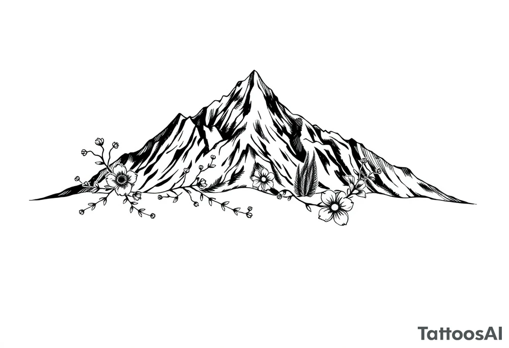 An elongated mountain range with vines and flowers mixed in tattoo idea