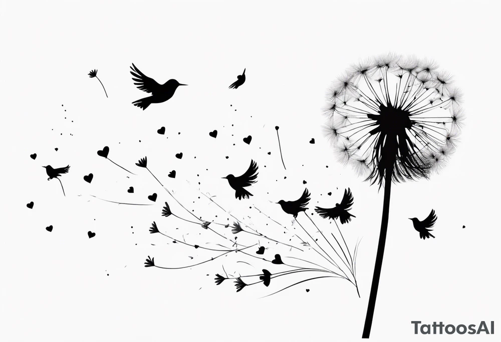 Dandelion with its ligules blowing away, a few legs are tiny hearts, the girls turn into a little bird, flying away to its future tattoo idea