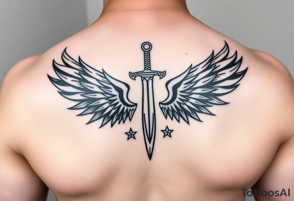Wings wrapping around sword and diamond shaped stars tattoo idea