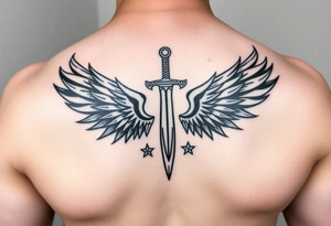 Wings wrapping around sword and diamond shaped stars tattoo idea