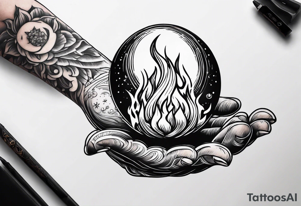 A hand holding a ball of fire tattoo idea