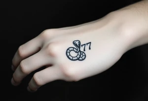 Minimalist black ink tattoo design of a small snake coiled around the number 777. tattoo idea