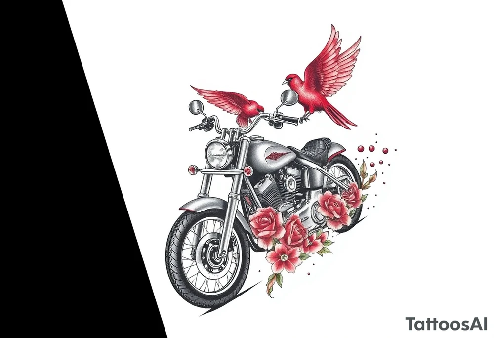 Harley grey motorcycle driving away, two red birds flying, roses, flames, angel wings tattoo idea