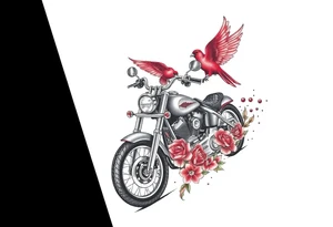 Harley grey motorcycle driving away, two red birds flying, roses, flames, angel wings tattoo idea