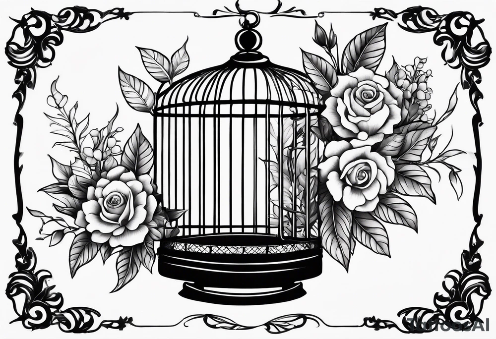 neo traditional foliage and flowers on the left top of a long bird cage tattoo idea