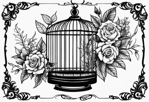 neo traditional foliage and flowers on the left top of a long bird cage tattoo idea