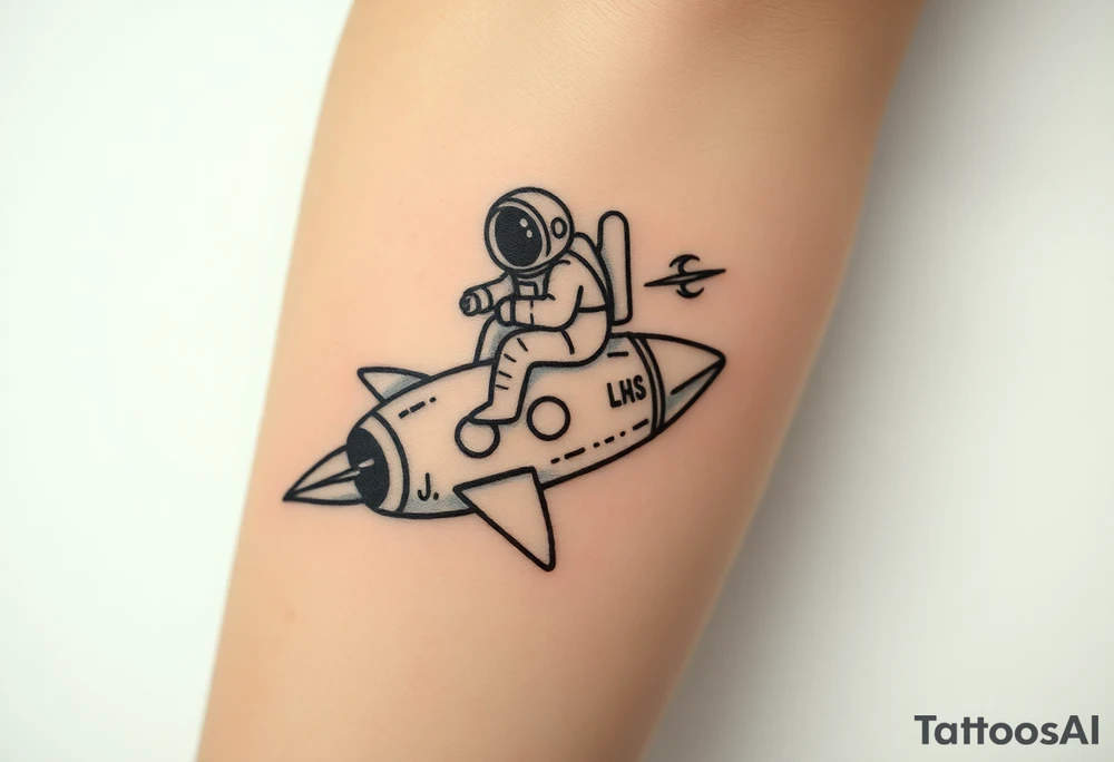 Busted Rocket ship with sparks coming out the back  with astronaut riding it. It has LHS written on it and K and J on the nose tattoo idea