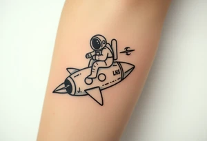 Busted Rocket ship with sparks coming out the back  with astronaut riding it. It has LHS written on it and K and J on the nose tattoo idea