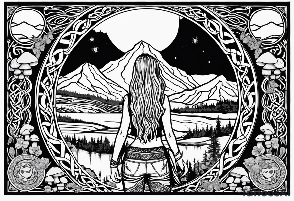 Whole picture encircled fully

Straight long blonde hair hippie girl in distance holding mushrooms in hand facing away toward mountains and creek surrounded by mushrooms long sleeve shirt and hiking pants; whole rendering within a full celtic circle border, no cut off circle tattoo idea