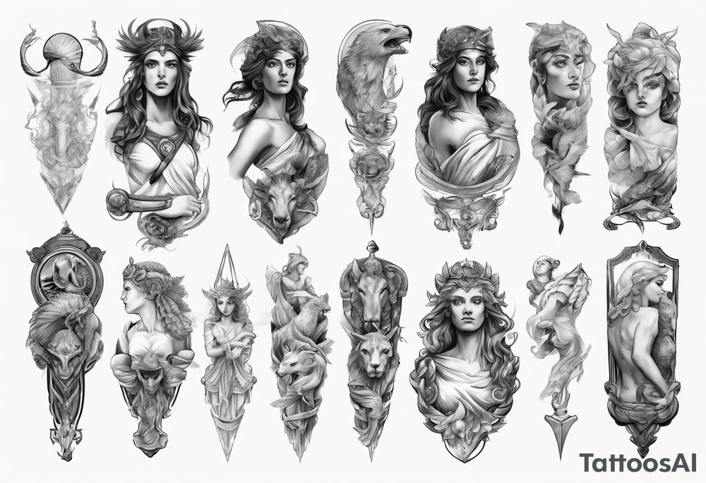 Greek mythology sleeve for women to signify power and success tattoo idea