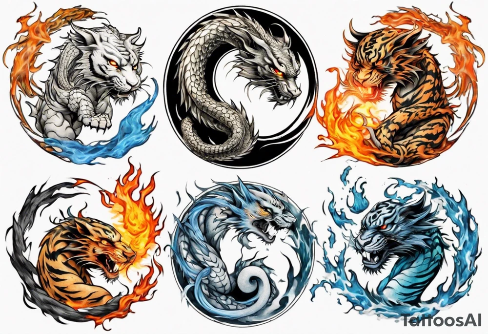 Ying Yang with dragon and tiger surrounding it and fire and water tattoo idea