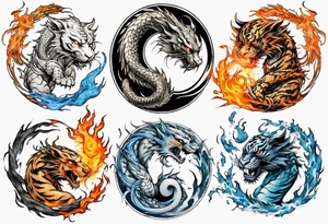 Ying Yang with dragon and tiger surrounding it and fire and water tattoo idea