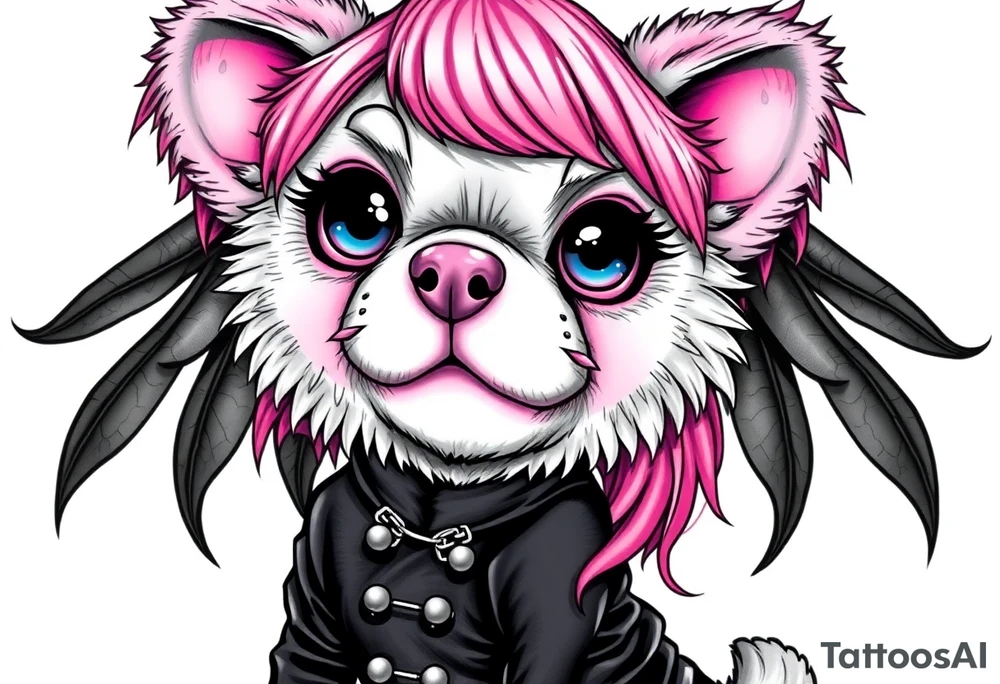 hot goth furry puppy girl with piercings on face and big boobs and big butt with black outfit on with pink hair tattoo idea