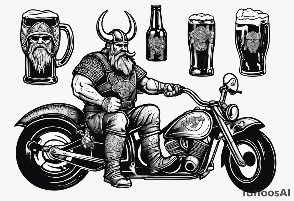 A viking drinking a beer on a motorcycle tattoo idea