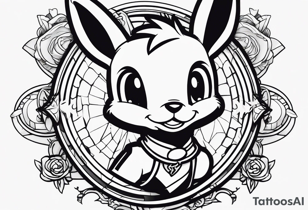 draw a sketch of a calf tattoo with cartoon characters from the 90s: Bart Simson, well, wait, Jerry, Kenny Souzpark, Bugs Bunny, Chip and Dale, spider-Man, Batman, Pikachu, Bender from futurama, Stu Griffins in the style of jealousy tattoo idea