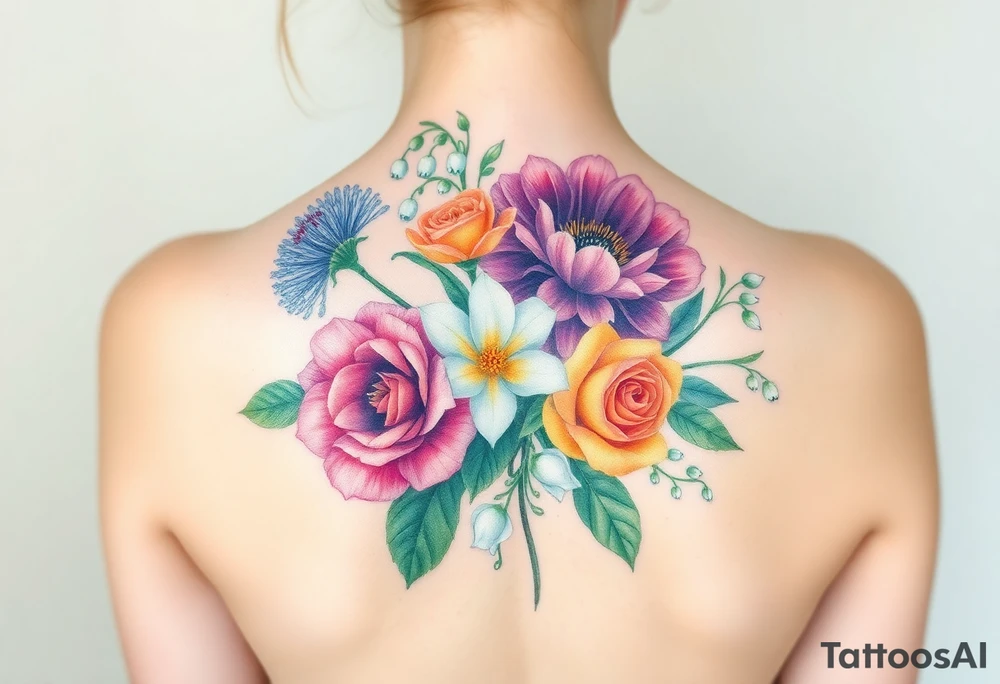 Bouquet of flowers with a aster, carnation, rose, Lily of the valley, delphinium with stems Starting upper middle back to right shoulder tattoo idea