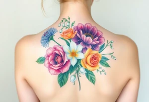 Bouquet of flowers with a aster, carnation, rose, Lily of the valley, delphinium with stems Starting upper middle back to right shoulder tattoo idea