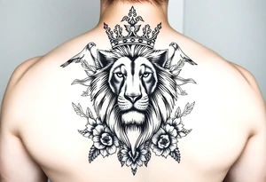 powerful majestic lion with a crown, surrounded by floral ornaments and birds tattoo idea