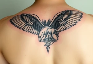 I want an eagle but inside of its wings I want a forest and a little river and maybe a horse drinking from the river. Not too big it has to fit on a 2 inch by 2 inch area tattoo idea