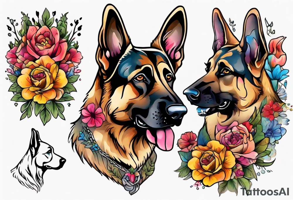 German shepherd portrait brightly colored with flowers tattoo idea