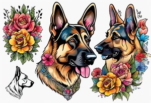 German shepherd portrait brightly colored with flowers tattoo idea