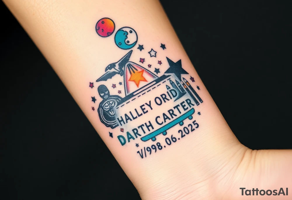 futuristic, spacey, memory tattoo: star wars, space, Harley Davidson, batman, skateboarding, camping, puzzle pieces, video games, heaven, god, outdoors, bullets, words MEMENTO MORI & DARTH CARTER 12/29/88-01/06/2025 tattoo idea