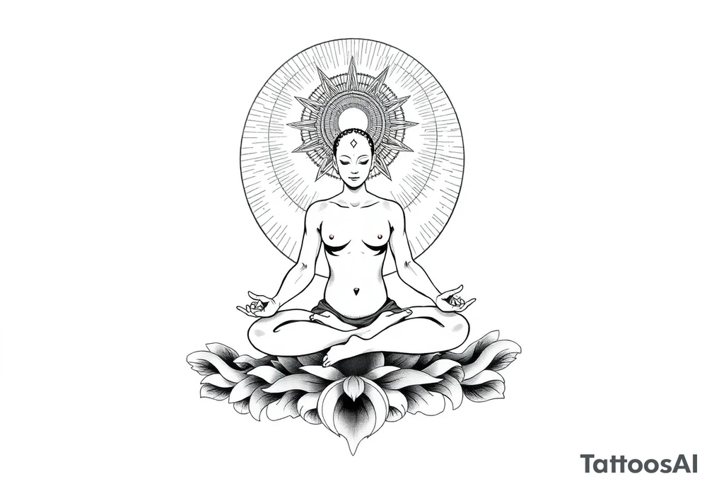 a figure sitting in lotus position meditating based on the lyrics “doing time in the universal mind” by the doors - with a psychedelic trippy background as the meditation expands out from his head into the universe / cosmos tattoo idea