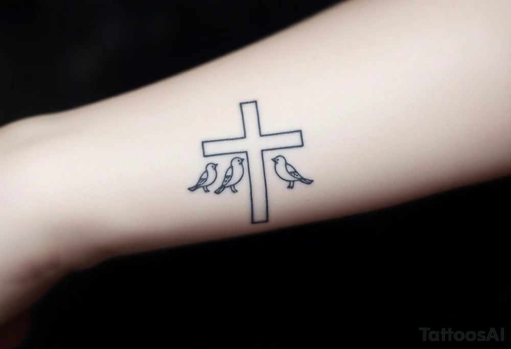 Weathered cross with 4 birds tattoo idea