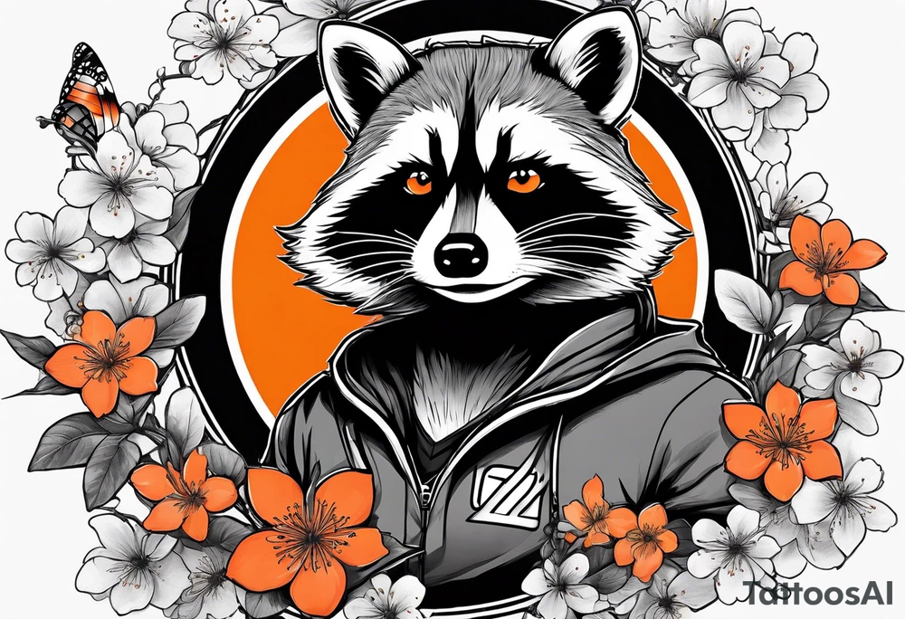 raccoon wearing a black and white Superman hoodie and orange Japanese cherry blossoms tattoo idea