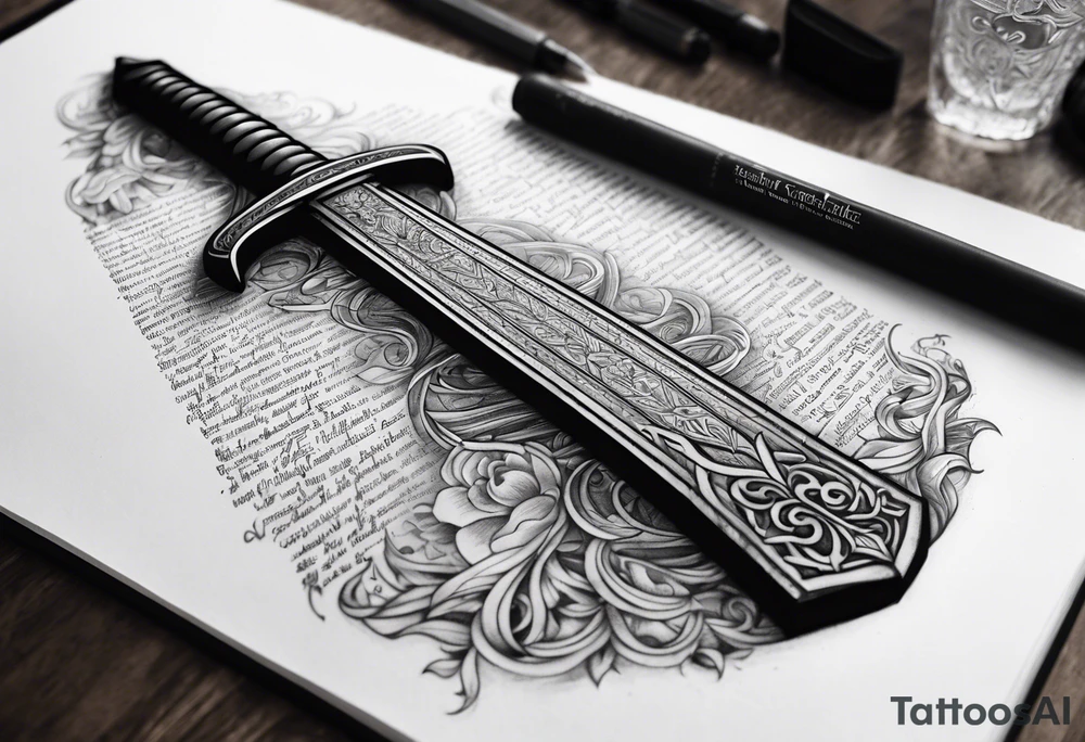 Sword wrapped in bible verses tricep tattoo idea