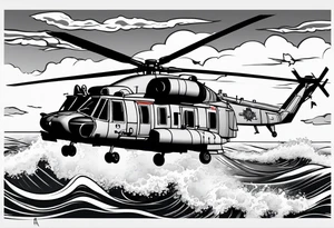 Canadian military grey CH-148 Cyclone helicopter soaring low over rough, ocean waves. In the background, a poppy be prominently displayed tattoo idea