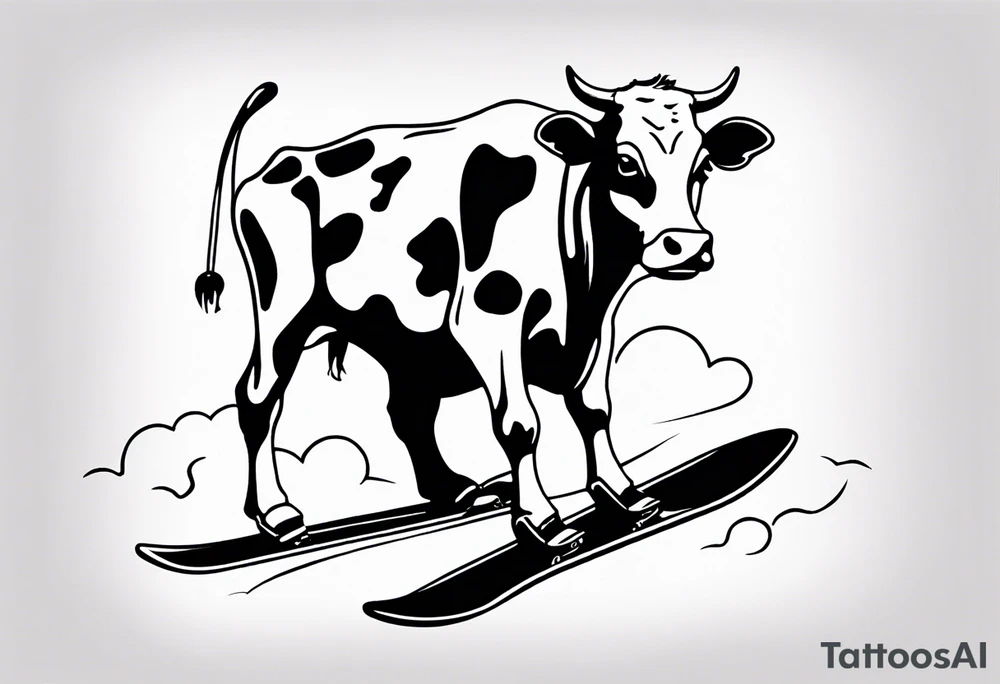Generate a minimalist and simple black and white tattoo design featuring a joyful cow snowboarding, wearing goggles. Focus on essential lines and details to convey the playful spirit of the scene. The cow should exude confidence while effortlessly snowboarding down a snowy slope. Keep the design clean and uncluttered, suitable for a small to medium-sized tattoo space. Emphasize the charm and whimsy with the addition of goggles, ensuring the overall aesthetic remains simple and minimalistic. The goal is to create a visually appealing and easily recognizable tattoo that captures the essence of a cow enjoying a snowboarding adventure tattoo idea