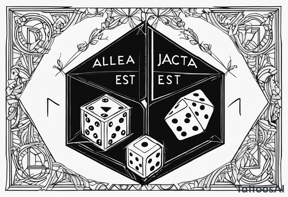 phrase "alea jacta est" surrounded by two dice tattoo idea