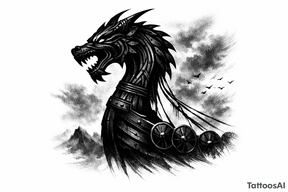 Silhouette of a Viking longship dragon head prow against a stormy, foggy sky. tattoo idea