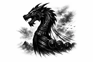 Silhouette of a Viking longship dragon head prow against a stormy, foggy sky. tattoo idea