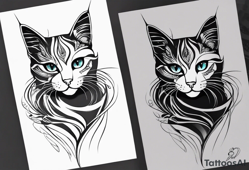 make a sketch that will cover the tattoo in the photo. place the sketch of the cat in the second photo on the previous photo on top of the tattoo to cover the lines, add wings to the cat - large, black, beautiful, chic and three tails with points - all these elements should cover all the lines of the tattoo on the shoulder. tattoo idea