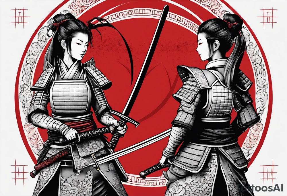 3 female samurais in body armor wielding dual swords, you can only see their backs, in front of a red incomplete enso circle tattoo idea