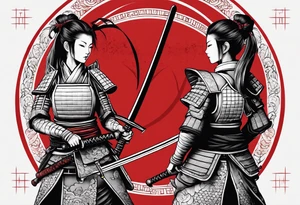 3 female samurais in body armor wielding dual swords, you can only see their backs, in front of a red incomplete enso circle tattoo idea