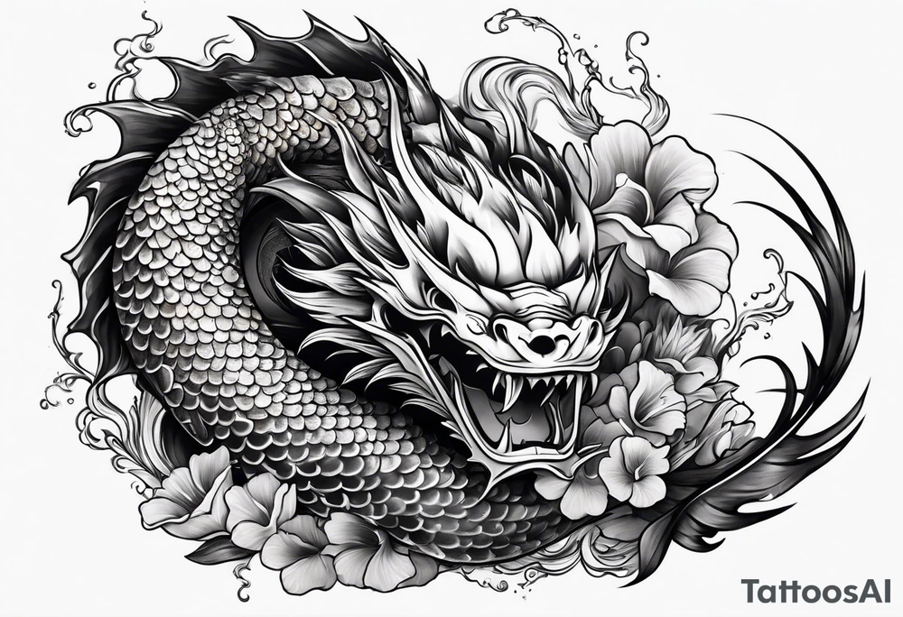 Dark skull and dragon  koi fish tattoo idea