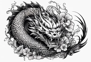 Dark skull and dragon  koi fish tattoo idea