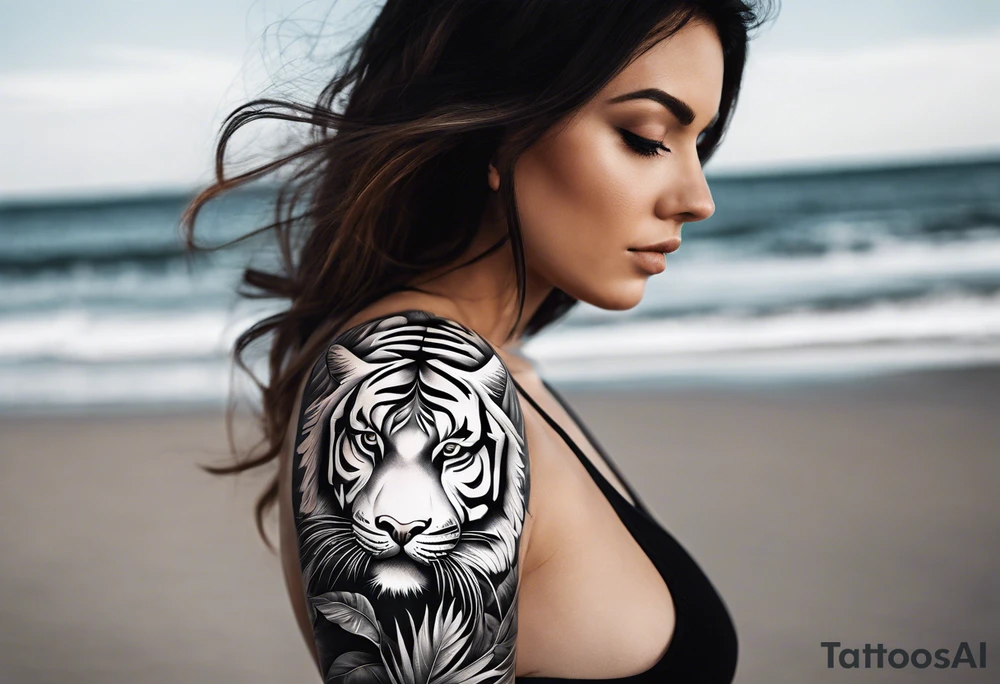 Womans Full arm tattoo sleeve design.  Smaller 
abstract tiger coming down front of shoulder, monstera foliage on forearm, beach landscape on bicep tattoo idea