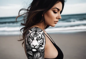 Womans Full arm tattoo sleeve design.  Smaller 
abstract tiger coming down front of shoulder, monstera foliage on forearm, beach landscape on bicep tattoo idea