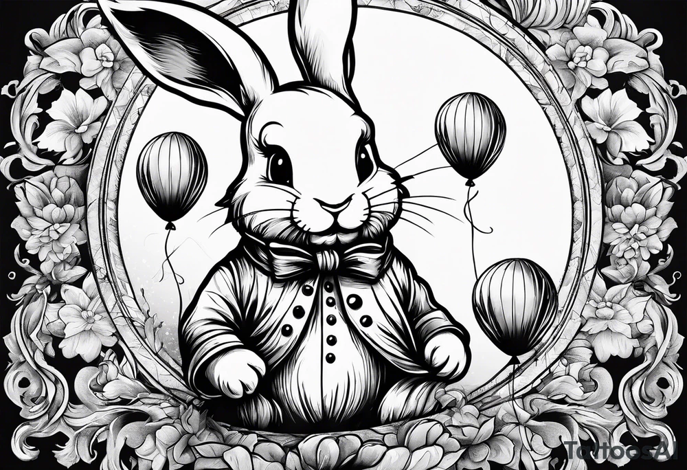 A little white rabbit is holding a baloon tattoo idea