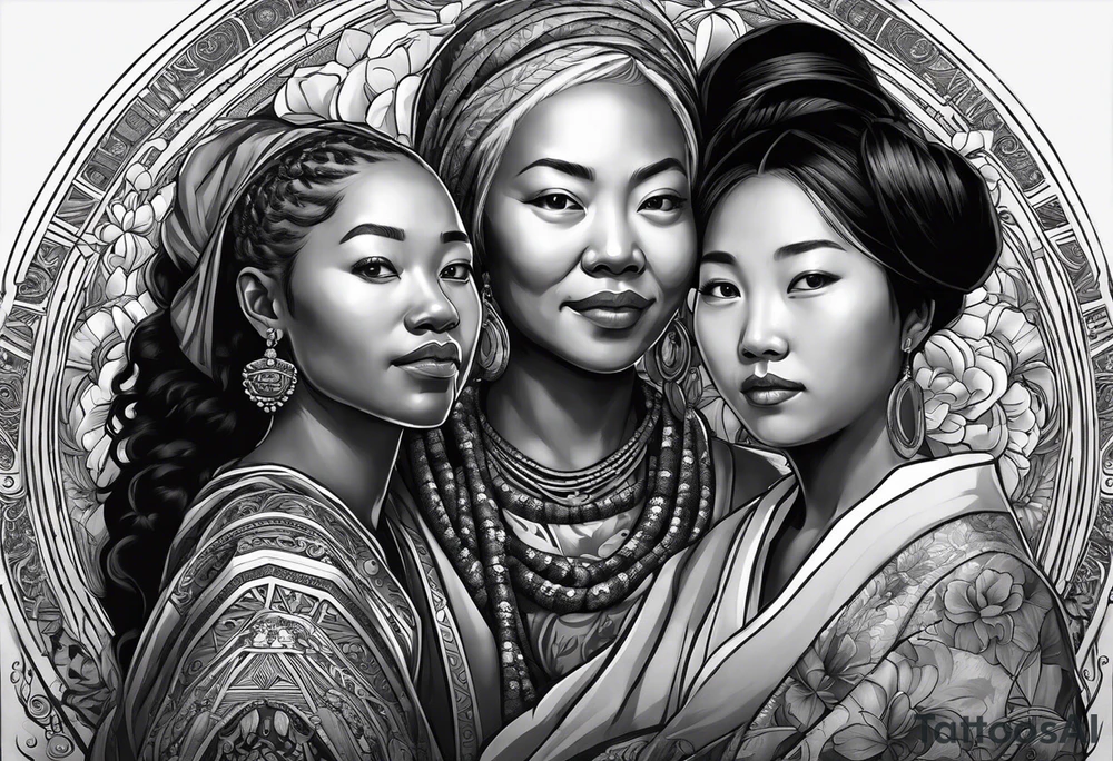 three  people side by side. a really really young black Daughter on the left, a wight mother in the middle, really really old asian grandmother on the right. greater age difference, in an artfully decorated frame tattoo idea