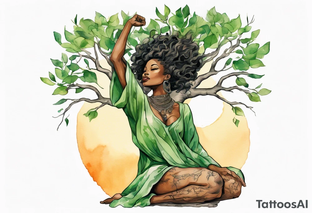 a tree trunk with roots that is a beautiful black woman from the waist up, arms reaching up to the sun, wearing a green tunic tattoo idea