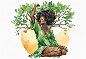 a tree trunk with roots that is a beautiful black woman from the waist up, arms reaching up to the sun, wearing a green tunic tattoo idea